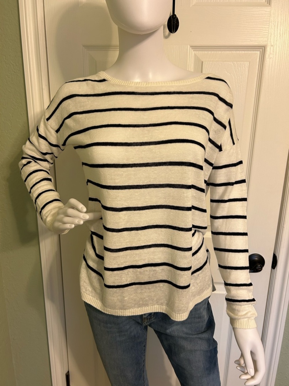 LOFT White and Dark Blue Striped Linen Top